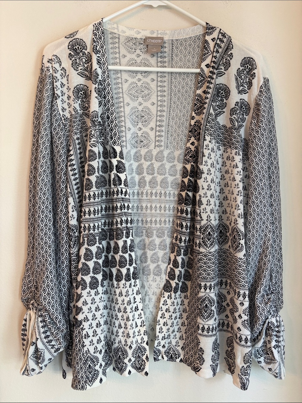 Chico's Black White Open Front Printed Cardigan mixed print paisley women’s XL